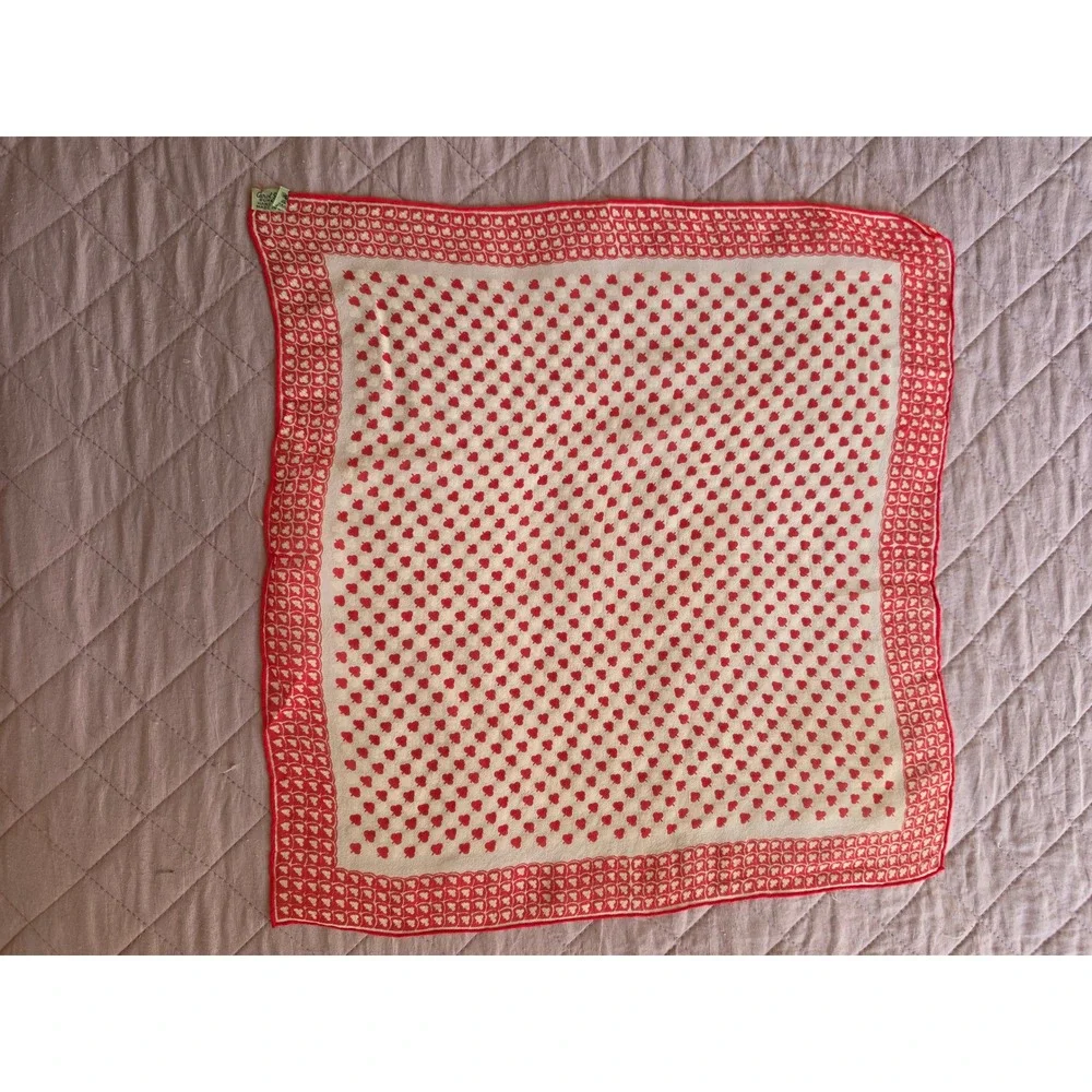 VTG Carol Stanley Silk Geometric Red White Boho Art to Wear Cottagecore Scarf